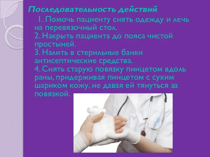 Последовательность действий 1. Помочь пациенту снять одежду и лечь на