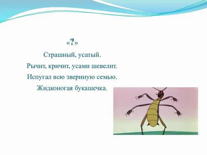 «?» Страшный, усатый. Рычит, кричит, усами шевелит. Испугал всю звериную семью. Жидконогая букашечка.