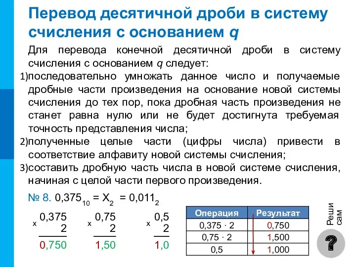 Перевод десятичной дроби в систему счисления с основанием q Для