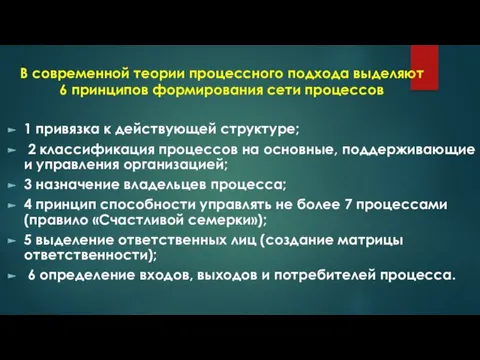 В современной теории процессного подхода выделяют 6 принципов формирования сети