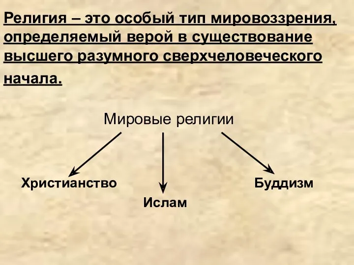 Религия – это особый тип мировоззрения, определяемый верой в существование высшего разумного сверхчеловеческого