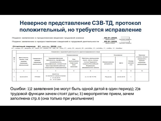 Неверное представление СЗВ-ТД, протокол положительный, но требуется исправление Ошибки: 1)2