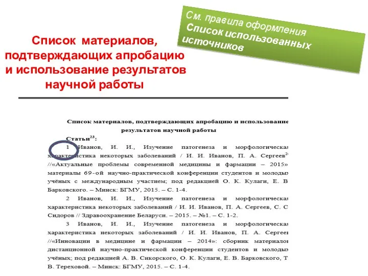 Список материалов, подтверждающих апробацию и использование результатов научной работы См. правила оформления Список использованных источников