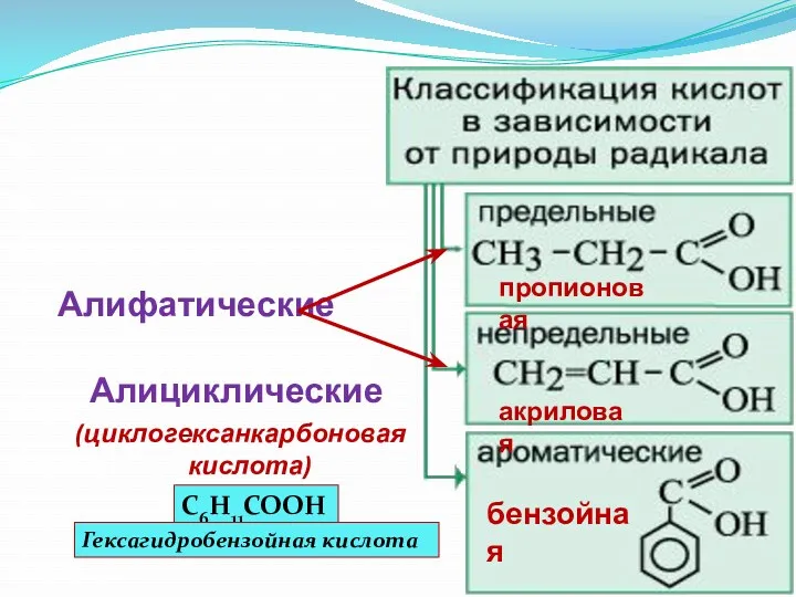 Алифатические Алициклические (циклогексанкарбоновая кислота) бензойная пропионовая акриловая C6H11COOH Гексагидробензойная кислота