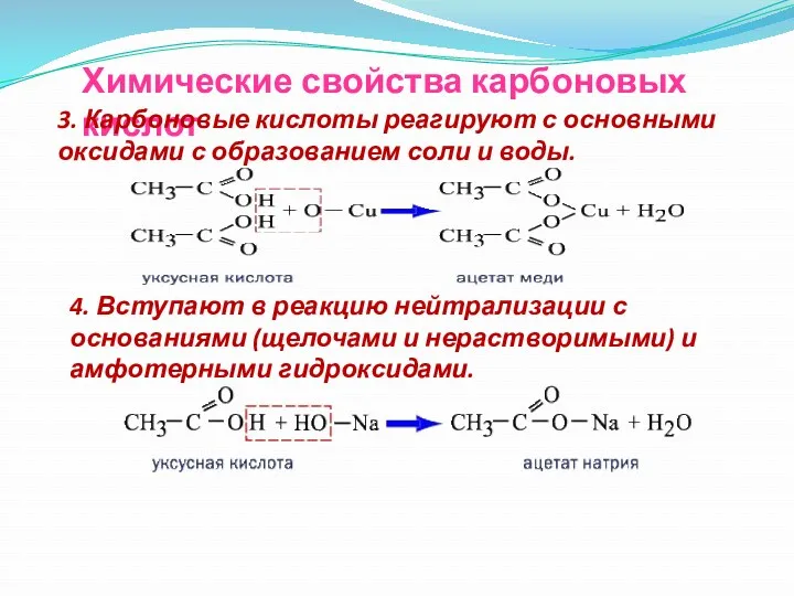 Химические свойства карбоновых кислот 3. Карбоновые кислоты реагируют с основными