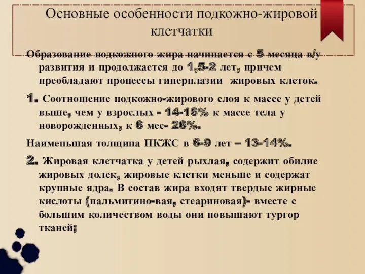 Основные особенности подкожно-жировой клетчатки Образование подкожного жира начинается с 5 месяца в/у развития