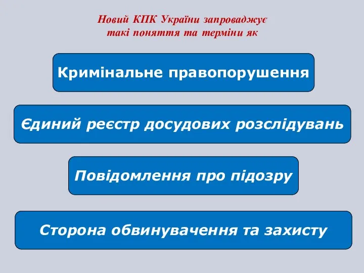 Новий КПК України запроваджує такі поняття та терміни як Кримінальне