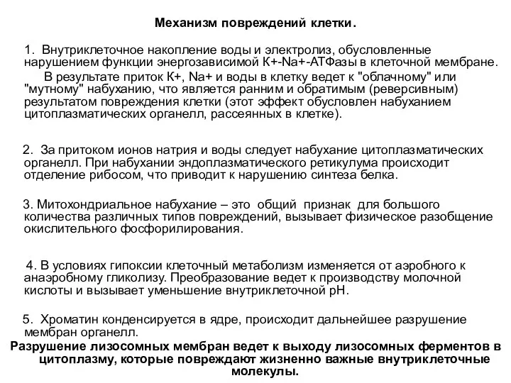 Механизм повреждений клетки. 1. Внутриклеточное накопление воды и электролиз, обусловленные