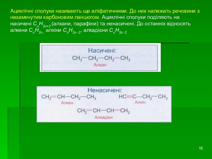 Ациклічні сполуки називають ще аліфатичними. До них належать речовини з