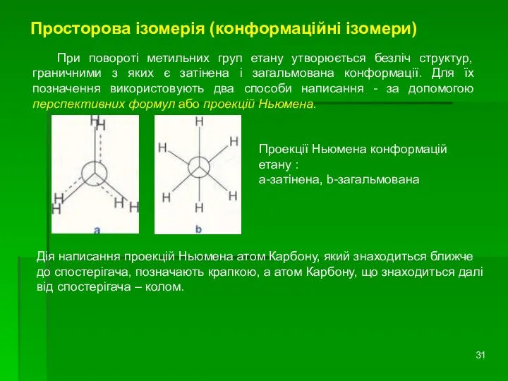 Просторова ізомерія (конформаційні ізомери) При повороті метильних груп етану утворюється