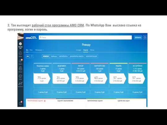 2. Так выглядит рабочий стол программы АМО CRM. По WhatsApp