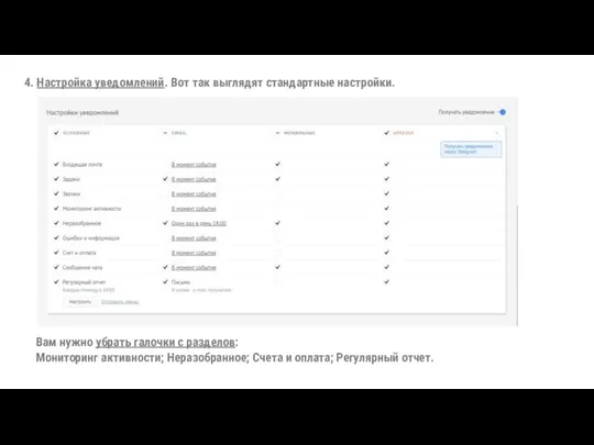 4. Настройка уведомлений. Вот так выглядят стандартные настройки. Вам нужно