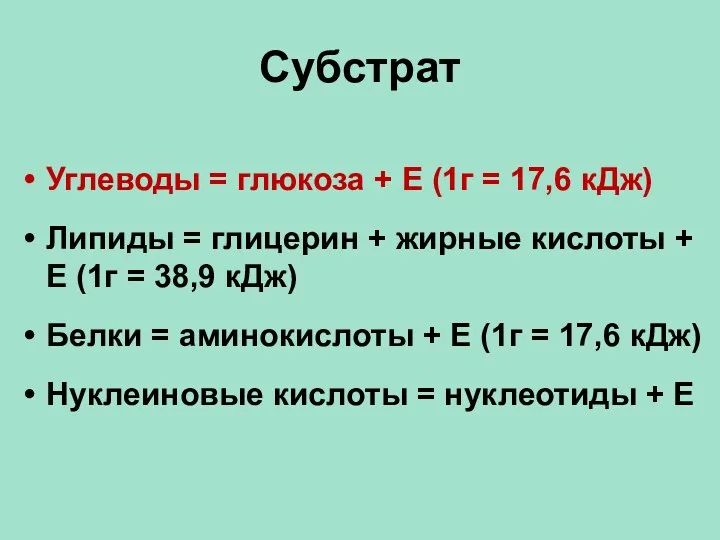 Субстрат Углеводы = глюкоза + Е (1г = 17,6 кДж) Липиды = глицерин