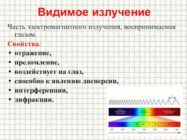 Видимое излучение Часть электромагнитного излучения, воспринимаемая глазом. Свойства: отражение, преломление,