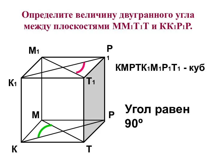 Определите величину двугранного угла между плоскостями ММ1Т1Т и КК1Р1Р. К