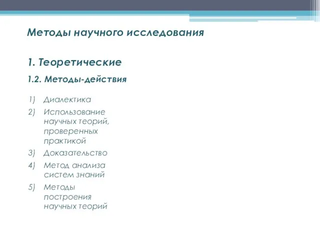 1.2. Методы-действия Методы научного исследования 1. Теоретические Диалектика Использование научных