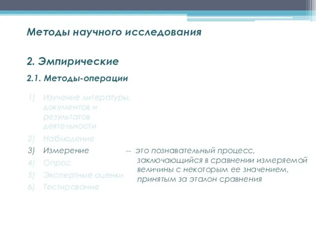 2.1. Методы-операции Методы научного исследования 2. Эмпирические Изучение литературы, документов