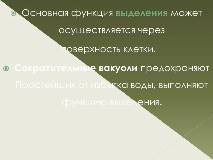 Основная функция выделения может осуществляется через поверхность клетки. Сократительные вакуоли