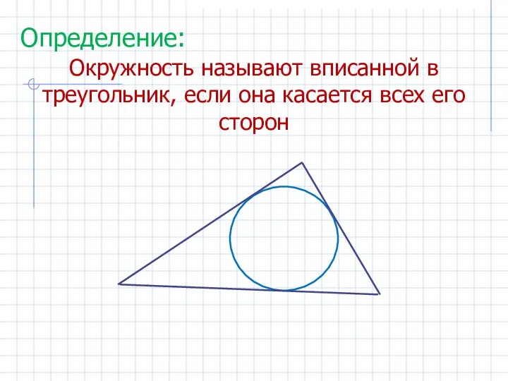 Окружность называют вписанной в треугольник, если она касается всех его сторон Определение: