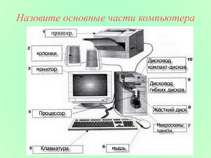 Назовите основные части компьютера принтер колонки монитор мышь Процессор Клавиатура