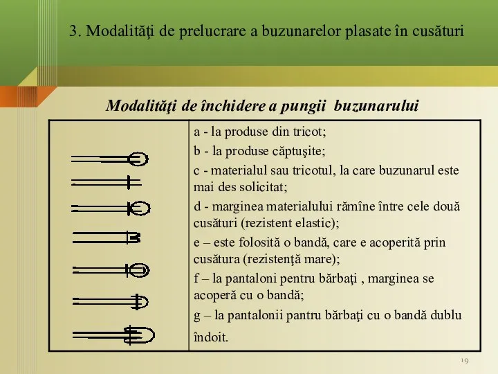 Modalităţi de închidere a pungii buzunarului 3. Modalităţi de prelucrare a buzunarelor plasate în cusături