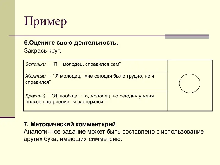 Пример 6.Оцените свою деятельность. Закрась круг: 7. Методический комментарий Аналогичное