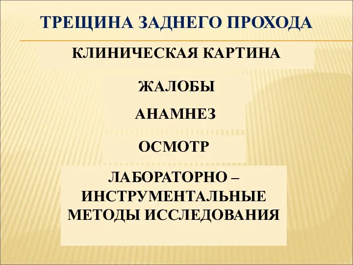 ТРЕЩИНА ЗАДНЕГО ПРОХОДА КЛИНИЧЕСКАЯ КАРТИНА ЖАЛОБЫ АНАМНЕЗ ОСМОТР ЛАБОРАТОРНО – ИНСТРУМЕНТАЛЬНЫЕ МЕТОДЫ ИССЛЕДОВАНИЯ