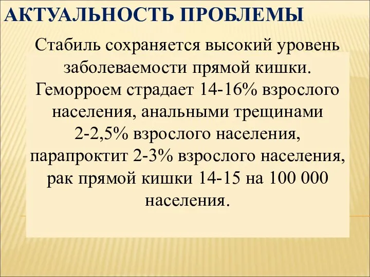 АКТУАЛЬНОСТЬ ПРОБЛЕМЫ Стабиль сохраняется высокий уровень заболеваемости прямой кишки. Геморроем