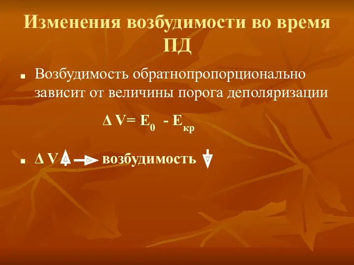 Изменения возбудимости во время ПД Возбудимость обратнопропорционально зависит от величины