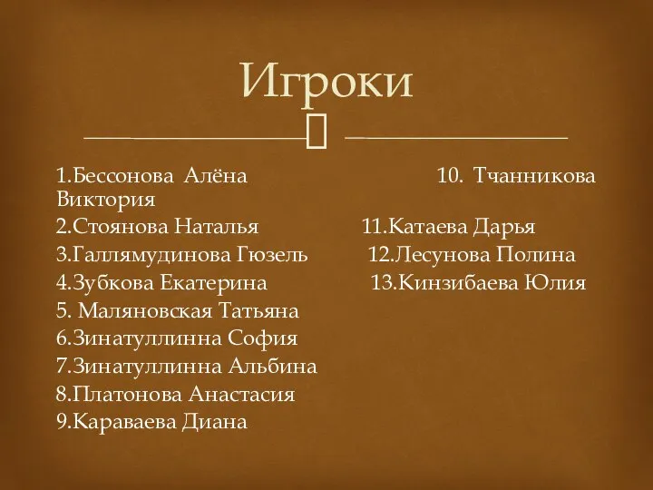 1.Бессонова Алёна 10. Тчанникова Виктория 2.Стоянова Наталья 11.Катаева Дарья 3.Галлямудинова