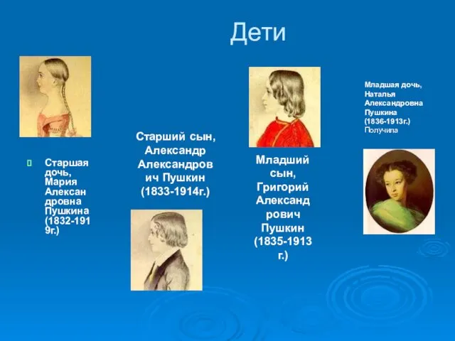 Дети Старшая дочь, Мария Александровна Пушкина (1832-1919г.) Старший сын, Александр