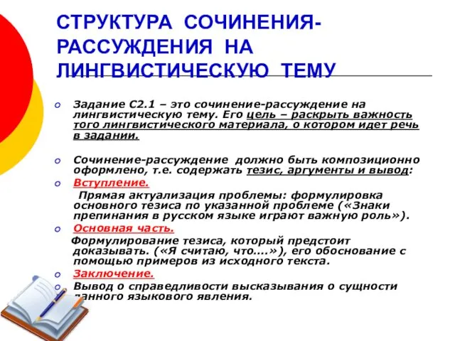 СТРУКТУРА СОЧИНЕНИЯ- РАССУЖДЕНИЯ НА ЛИНГВИСТИЧЕСКУЮ ТЕМУ Задание С2.1 – это