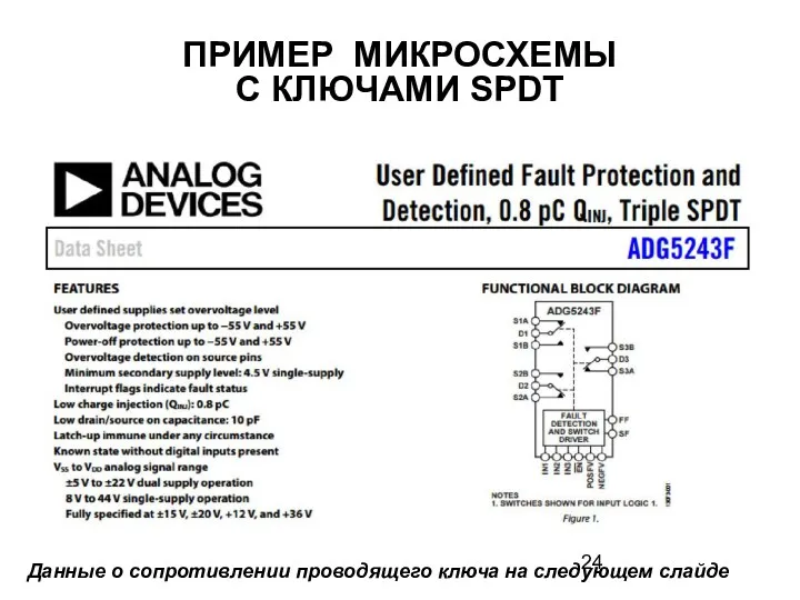 ПРИМЕР МИКРОСХЕМЫ С КЛЮЧАМИ SPDT Данные о сопротивлении проводящего ключа на следующем слайде