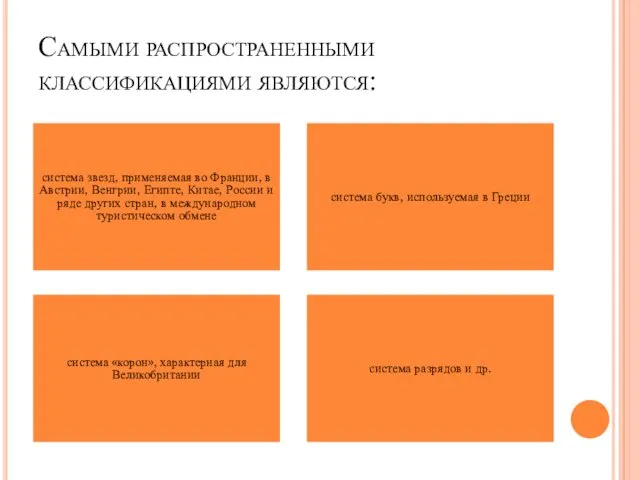 Самыми распространенными классификациями являются: система звезд, применяемая во Франции, в