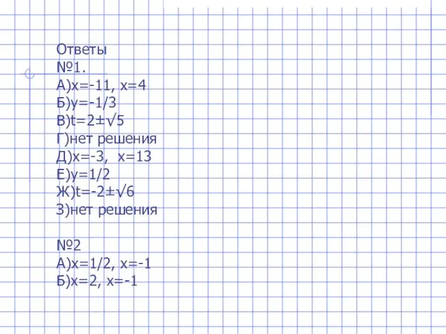 Ответы №1. А)х=-11, х=4 Б)y=-1/3 В)t=2±√5 Г)нет решения Д)х=-3, х=13
