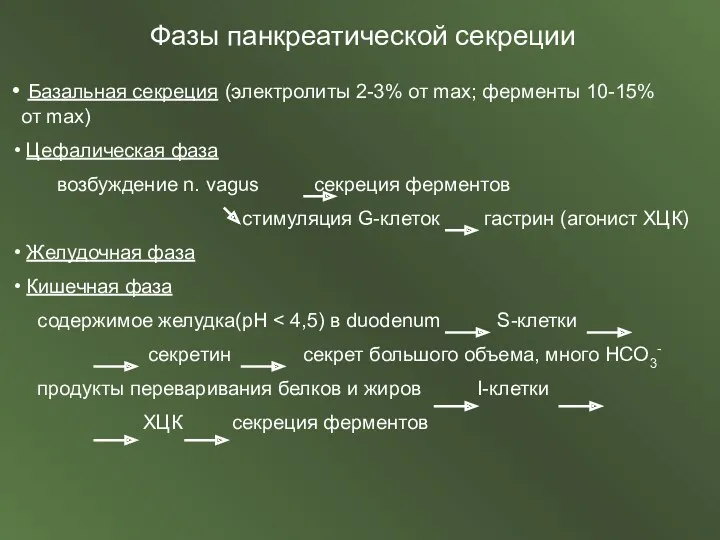 Фазы панкреатической секреции Базальная секреция (электролиты 2-3% от max; ферменты