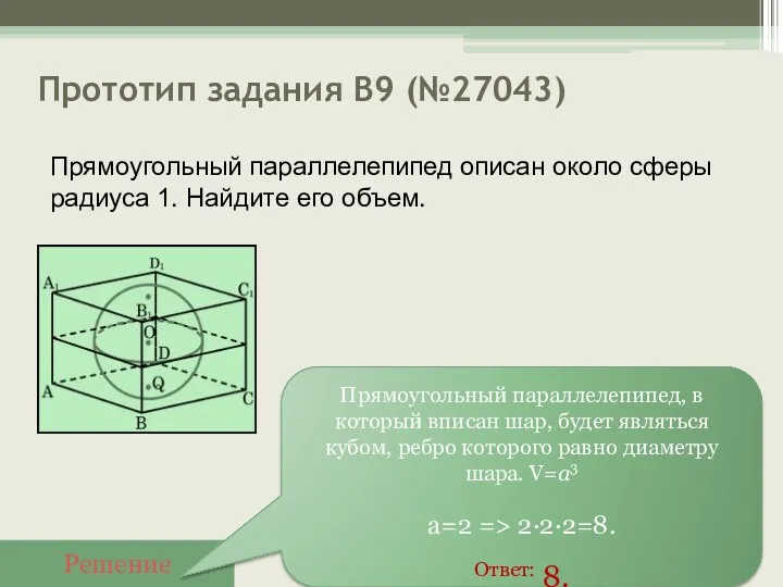 Прототип задания B9 (№27043) Решение Прямоугольный параллелепипед, в который вписан