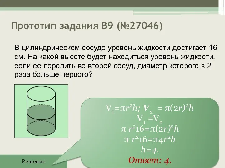 Прототип задания B9 (№27046) Решение V1=πr2h; V2 = π(2r)2h V1