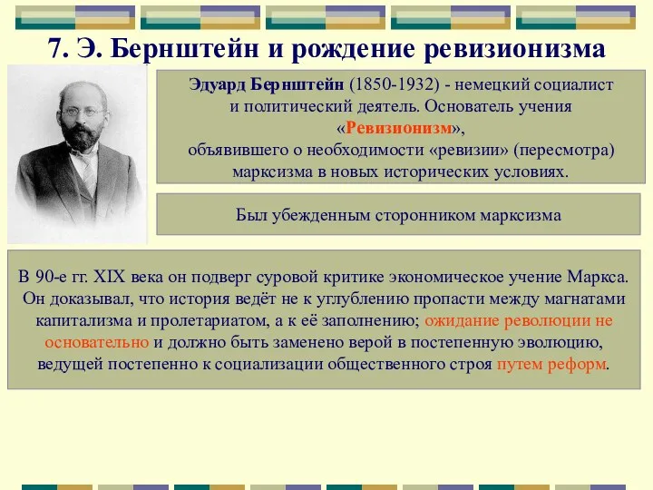 7. Э. Бернштейн и рождение ревизионизма Эдуард Бернштейн (1850-1932) -