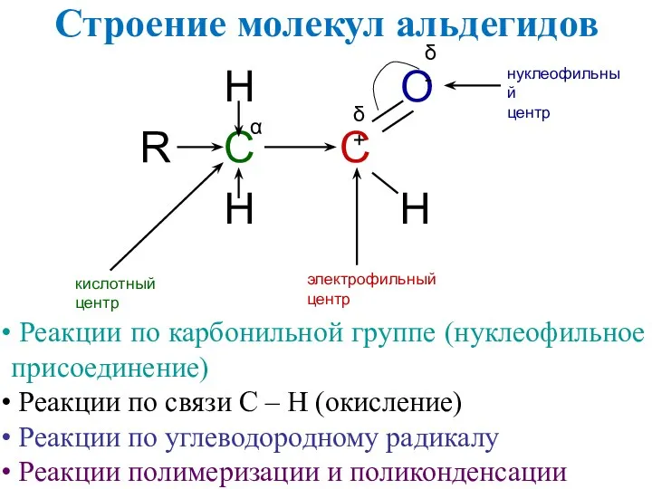 Строение молекул альдегидов H O R C C H H