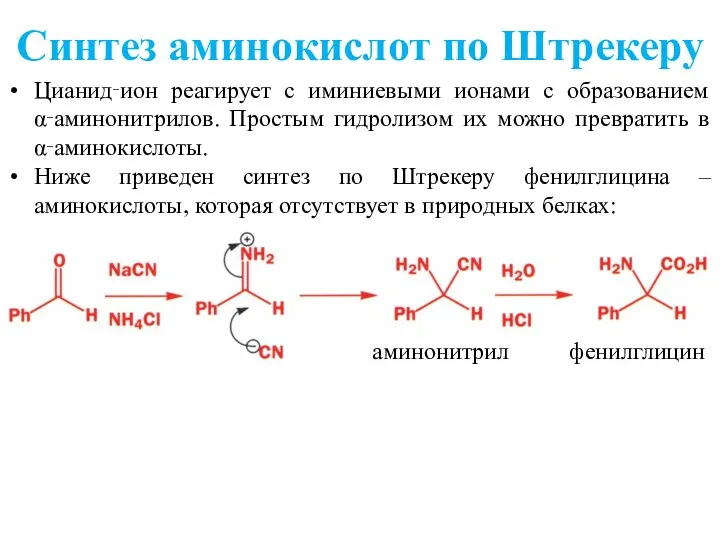 Синтез аминокислот по Штрекеру Цианид‑ион реагирует с иминиевыми ионами с