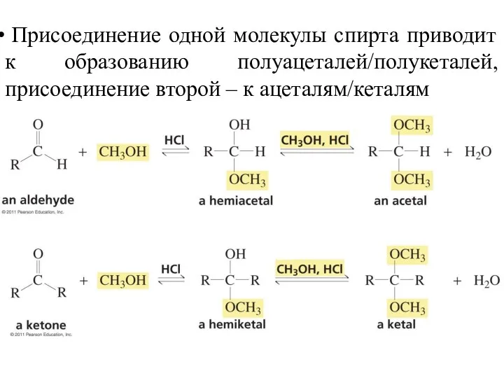 Присоединение одной молекулы спирта приводит к образованию полуацеталей/полукеталей, присоединение второй – к ацеталям/кеталям