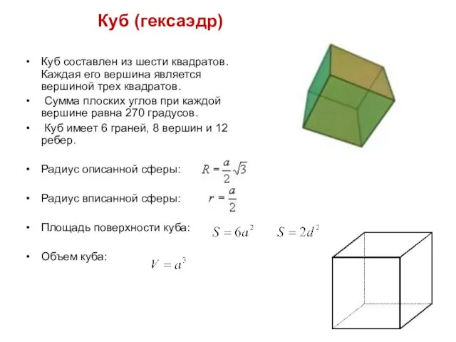 Куб (гексаэдр) Куб составлен из шести квадратов. Каждая его вершина