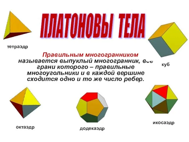 Правильным многогранником называется выпуклый многогранник, все грани которого – правильные многоугольники и в