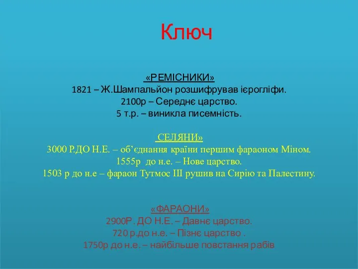 Ключ «РЕМІСНИКИ» 1821 – Ж.Шампальйон розшифрував ієрогліфи. 2100р – Середнє