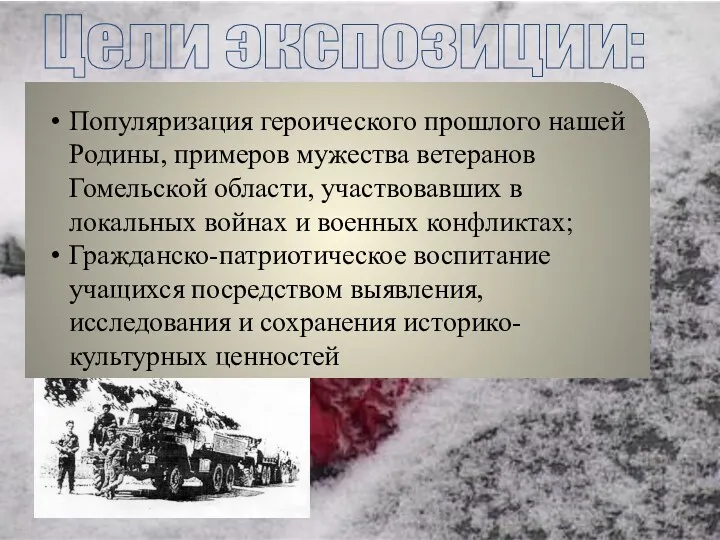 Цели экспозиции: Популяризация героического прошлого нашей Родины, примеров мужества ветеранов Гомельской области, участвовавших