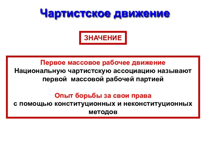 Чартистское движение ЗНАЧЕНИЕ Первое массовое рабочее движение Национальную чартистскую ассоциацию