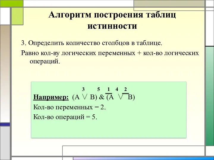 Алгоритм построения таблиц истинности 3. Определить количество столбцов в таблице.