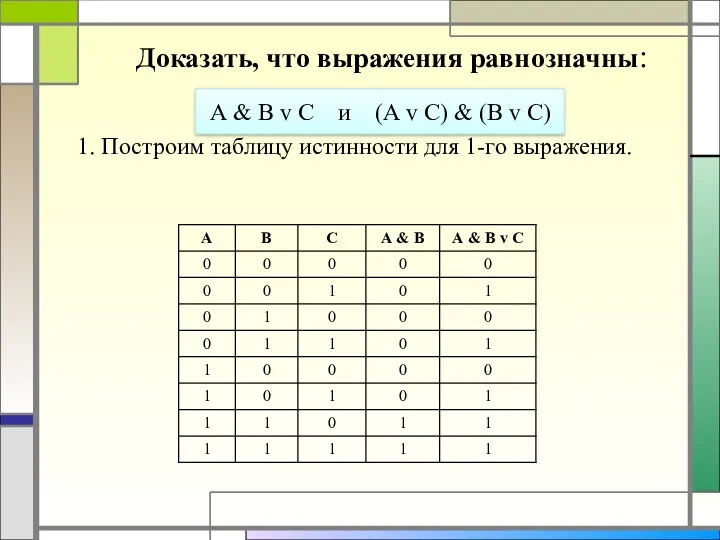 Доказать, что выражения равнозначны: А & В v С и