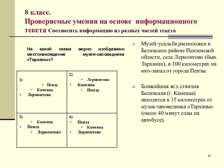 8 класс. Проверяемые умения на основе информационного текста Соотносить информацию